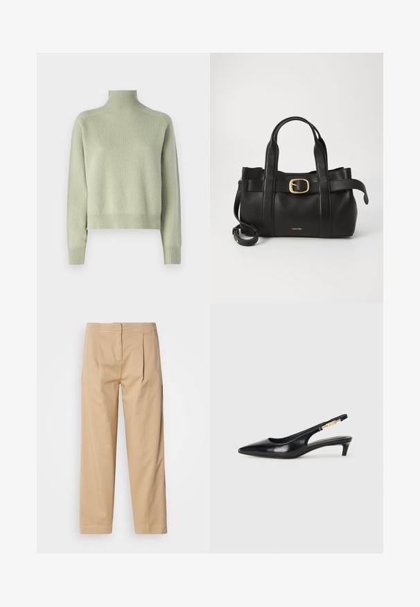 DRYKORN LYZIMA - Pulover - green; Bež hlače iz bombaža z ohlapnim krojem, z dvema sprednjima naborkoma, ravno nogavico in klasičnim gumbom za zapiranje na pasu.; Črne usnjene sandale na peto z ostro konico, ki imajo tanko peto in zlat ton na nastavljivem traku. Gladka tekstura.; Črna usnjena torba s strukturirano zasnovo, dvojni zgornji ročaji, zlato-tonirni zaponka kot dodatek in vtisnjeni logotip blagovne znamke spredaj.