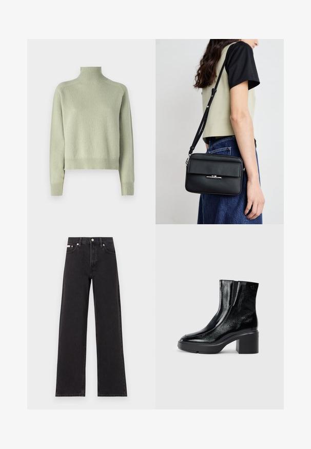 DRYKORN LYZIMA - Pulover - green; Jeanși negri cu picioare largi, fabricați din denim, cu talie înaltă, stil cu cinci buzunare și închidere cu nasture metalic, cu cusături contrastante.; Bocanci de gleznă din piele lacuită neagră, cu vârf curbat, panouri elastice pe laterale și toc bloc masiv. Prezintă un logo embosat pe spate.; Calvin Klein LINEAR CAMERA BAG - Geantă crossbody - black