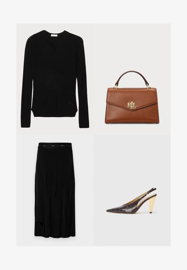 sandro Vesta - noir; Crna midi suknja s nabranim detaljima, glatkom teksturom i širokim pojasom s suptilnim logotipom branda. Jednostavan dizajn i dužina do poda.; Cipele s potpeticom i otvorenim stražnjim dijelom, u tamnosmeđoj sjajnoj umjetnoj koži krokodila. Sadrže zlatnu geometrijsku potpeticu i prilagodljivu naramenicu.; Smeđa kožna torba s strukturiranim dizajnom, gornjom drškom, zlatnim metalnim dijelovima i logotipom na prednjoj strani. Glatka tekstura.