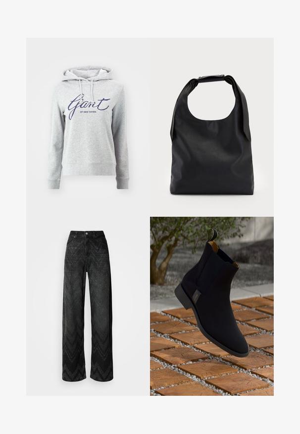 GANT SCRIPT HOODIE - Collegepaita - light grey melange; Mustat leveälahkeiset farkut, joissa on zik-zak kuvio. Valmistettu denimestä, varustettu napillisella sulkimella ja kahdella etutaskulla.; Mustat nahkaisten nilkkasaappaiden, joissa on sileä pinta, keltainen vuori ja vetoketju; aseteltu teksturoituun puu- ja sora-pintaan.; Musta nahkainen hobo-laukku, jossa on yksi pehmeä, pyöreä kahva; ominaisuuksina sileä pinta ja minimalistinen muotoilu. Ei näkyvää metalliosaa tai koristeita.