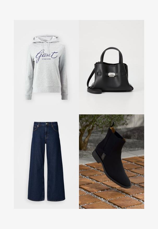 GANT - Bluza; Szerokie, ciemnoniebieskie dżinsy z wysokim stanem, kieszeniami z przodu i zapięciem na guziki. Posiadają kontrastowe przeszycia oraz gładką fakturę.; Czarne skórzane botki za kostkę o gładkim wykończeniu, żółta podszewka i uchwyt do zakupu; ustawione na teksturowanej powierzchni drewna i żwiru.; Czarna skórzana torebka z teksturowanym wykończeniem, wyposażona w dwie górne rączki, odczepiany pasek na ramię oraz detal w postaci srebrnego zapięcia.