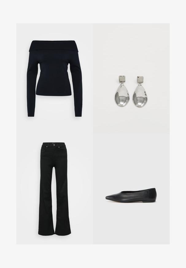 Navy blue off-the-shoulder sweater with long sleeves, ribbed neckline, and smooth knit texture, featuring a fitted silhouette.; Black flared jeans made from denim, featuring a high waist, five pockets, and metal button closure. Smooth texture with minimal detailing.; Black leather ballet flat, pointed toe, minimalistic design, smooth texture, low-profile heel, no visible hardware or embellishments.; Silver drop earrings with a square stud, featuring a smooth, polished finish and a teardrop shape, reflecting light with a glossy surface.