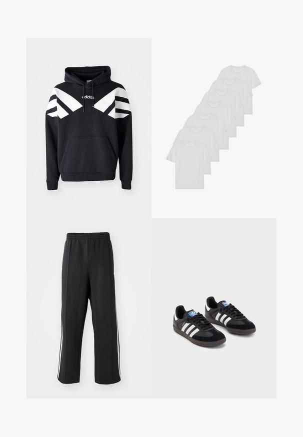 Melnā kapucēna džemperis ar baltām diagonālām svītrām pa krūtīm un piedurknēm, priekšējo kabatu un logotipu augšējā krūšu daļā.; Baltie kokvilnas T-krekli, īsas piedurknes, apaļas izgriezuma dizains, vienkārša tekstūra, sakrauti rindā, ar smalku zīmolu pie kakla izgriezuma.; Melni sporta bikses ar elastīgu jostu, kurām ir baltas sānu joslas un brīvs piegrieziens. Izgatavotas no mīksta, elastīga auduma.; Melnas sporta apavas ar zamšādas un sintētisku augšdaļu, ar trim baltām svītrām, teksturētu gumijas zoli un zilu logo birku uz mēles.