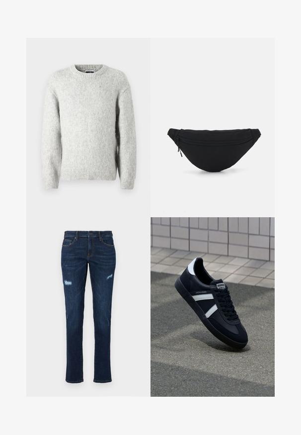 Jack & Jones JCOREFLEX FUZZY CREW NECK - Trui - light grey melange; Donkerblauwe spijkerbroek met een rechte snit, voorzien van versleten scheuren bij de knieën, traditionele zakken en zichtbare contrasterende stiksels.; Zwarte leren sneaker met witte strepen, een gestructureerde rubberen zool en vetersluiting aan de voorkant. Voorzien van een merklabel op de tong.; Zwarte stof heuptas met een afgeronde vorm, voorzak met rits en een gladde textuur. Geen zichtbare patronen of accenten. Lichtgewicht ontwerp.
