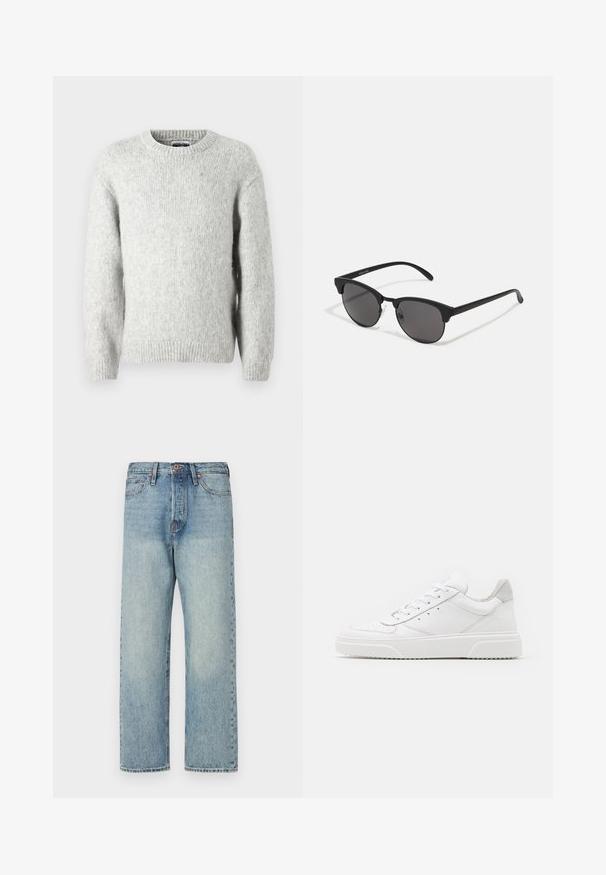 Jack & Jones JCOREFLEX FUZZY CREW NECK - Pulóver - light grey melange; Világoskék farmernadrág egyenes lábbal, öt zsebbel és bronz kiegészítőkkel. Minimális kopás, tiszta kivitel.; Fehér bőr sportcipő sima felülettel, kerek orral, lapos fűzőkkel és textúrált talppal. Szürke velúr díszítés a saroknál.; Fekete napszemüveg kerek lencsékkel, matt felülettel és jellegzetes macska szem formával. Vékony szárak, a bal oldali templomon diszkrét márkajelzéssel.