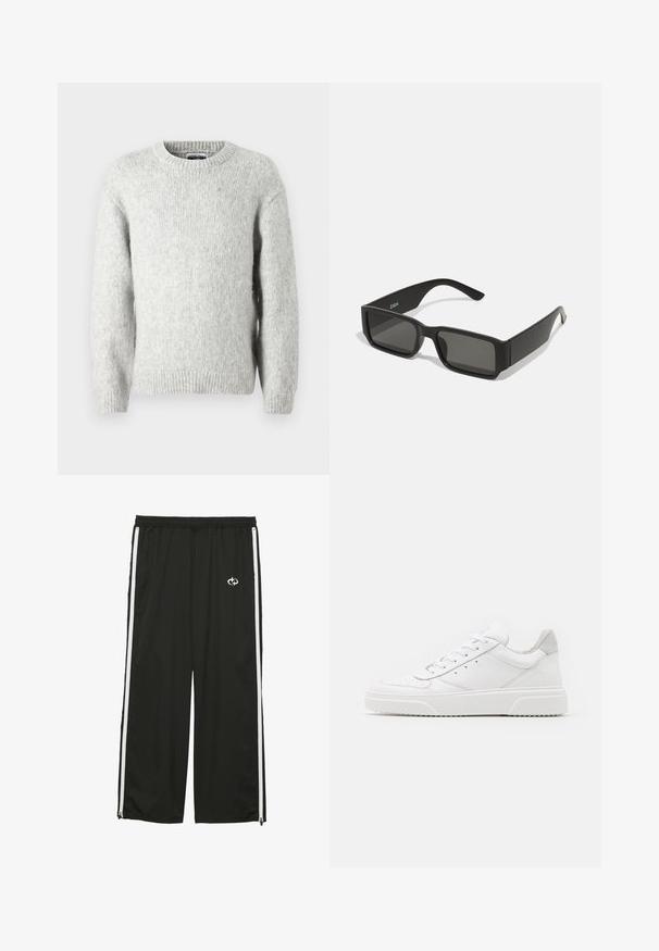 Jack & Jones JCOREFLEX FUZZY CREW NECK - Pulover - light grey melange; Črne športne hlače iz lahkega materiala z belimi stranskimi črtami, elastičnim pasom in majhnim logotipom spredaj.; Bele usnjene športne copate z gladkim zaključkom, okroglo konico, ravnimi vezalkami in teksturiranim podplatom. Sivi semiš detajl na peti.; Črne sončne očala z pravokotnimi lečami, mat plastični okvir in ravne robove. Izdelki imajo logotip blagovne znamke na notranji strani ročaja.