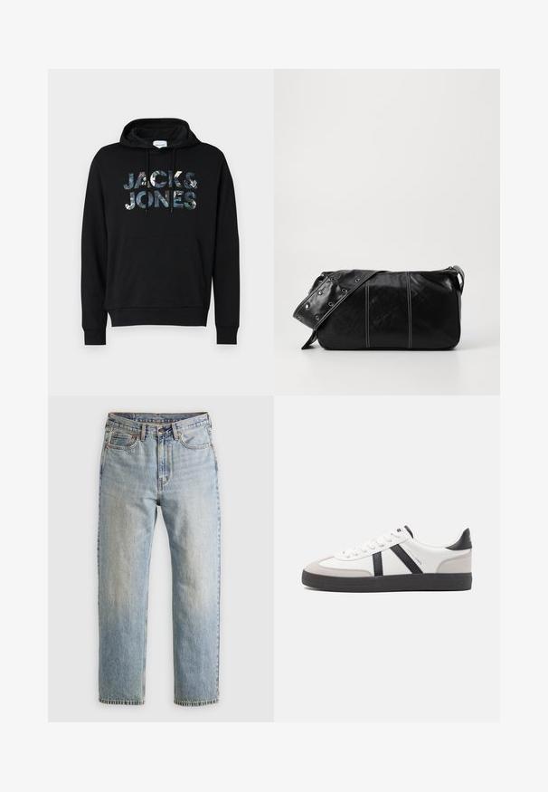 Felpa nera con cappuccio regolabile. Presenta un grande logo "JACK & JONES" a motivo sulla parte anteriore. Il materiale sembra morbido con una texture liscia.; Jeans in denim azzurro chiaro con vita alta, bottone anteriore, cerniera e design a cinque tasche, adagiati su uno sfondo neutro.; Sneaker bianco con accenti neri e grigi, dotata di una punta grigia testurizzata, suola in gomma nera e lacci bianchi piatti. Design pulito, stile minimalista.; Borsa a spalla in pelle nera con chiusura a zip, caratterizzata da un corpo testurizzato, cuciture bianche e una tracolla con occhielli in argento.