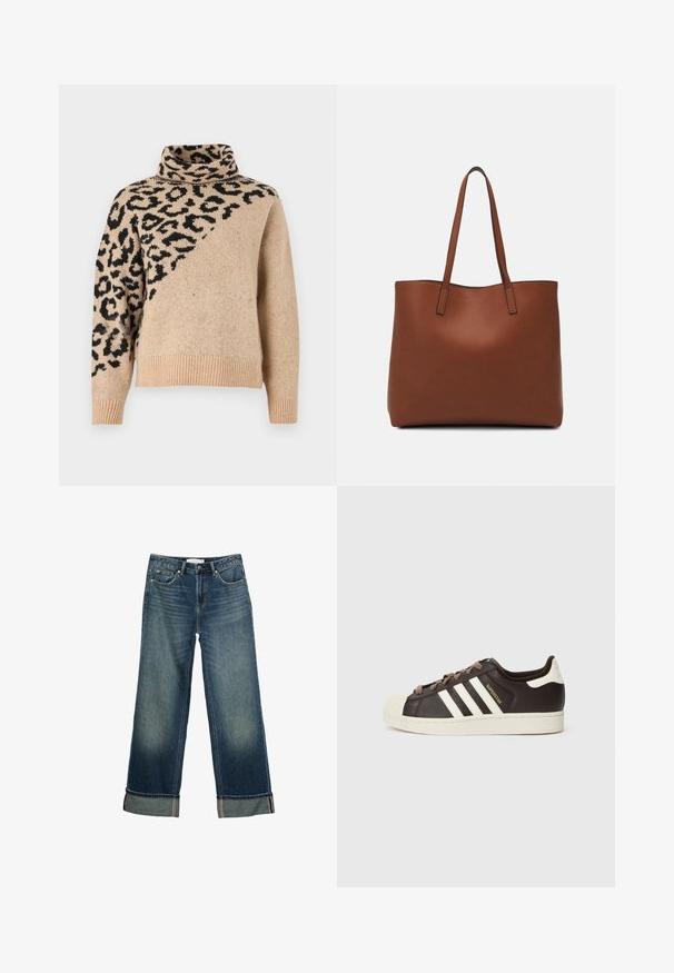 Maglione beige a collo alto con una stampa leopardata nera diagonale. Tessuto lavorato a maglia con polsini e orlo a coste. Maniche lunghe, vestibilità rilassata.; Jeans in denim blu a gamba larga, con una finitura sbiadita, design a cinque tasche e orli ripiegati con cuciture a contrasto. Texture liscia.; Sneaker Adidas Superstar low-top in pelle marrone scuro con punta a conchiglia crema, strisce bianche e scritta "Superstar" sul lato.; Borsa tote in pelle marrone con texture liscia, design con apertura superiore e due spallacci. Presenta cuciture minime e nessun hardware visibile.