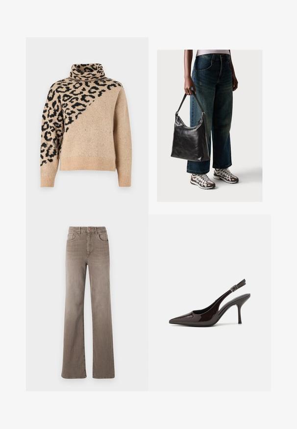 Beige kõrge kaelusega kampsun, millel on diagonaalne must leopardimuster. Kootud tekstuur ribatud varrukate ja äärtega. Pika varrukaga, lõdva lõikega.; Pruunid kõrge vöökohtadega sirged teksad, millel on ees nupp, vöölõngad ja klassikaline viie tasku disain valgel taustal.; Kare kõrge kontsaga king, läikiv tumepruun lakknahast, terava nina, avatud külgedega ja reguleeritava pahkluuringiga.; Must musta õlakott, millel on sile tekstuur ja reguleeritav rihm, koos pleekinud laia jalgadega teksade ja sportlike tossudega.