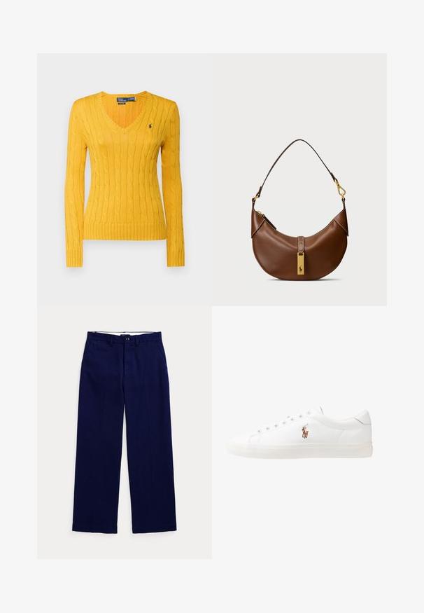 Polo Ralph Lauren CABLE KNIT COTTON V NECK SWEATER - Strickpullover - gold bugle; Hellblaues Button-Down-Hemd aus Baumwolle mit langen Ärmeln, spitzem Kragen und kleinem gesticktem Logo auf der linken Brust.; Marineblaue gerade geschnittene Hosen mit Gürtelschlaufen, Knopfverschluss und Seitentaschen auf einem schlichten hellen Hintergrund.; Weiße Leder-Sneaker, niedrig geschnitten, mit glatter Textur, runder Zehenpartie, Schnür vorne und kleinem gesticktem Logo an der Seite.; Braune Leder-Schultertasche mit geschwungener Form, goldenen Hardware-Details, Verschluss oben und einem Logo-Akzent. Glatte Textur mit genähten Kanten.