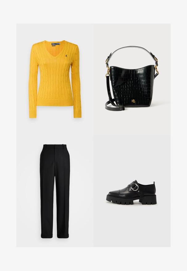 Polo Ralph Lauren CABLE KNIT COTTON V NECK SWEATER - Camisola - gold bugle; Polo Ralph Lauren HIGH RISE RELAXED STRAIGHT TROUSER - Calças - black; Sapatos pretos de couro com sola grossa e estriada, apresentando um detalhe em hardware prateado circular e costura mínima.; Bolsa de pele corcunda preta com textura de crocodilo, formato curvo, detalhes em metal dourado, alça ajustável e logotipo na parte da frente.
