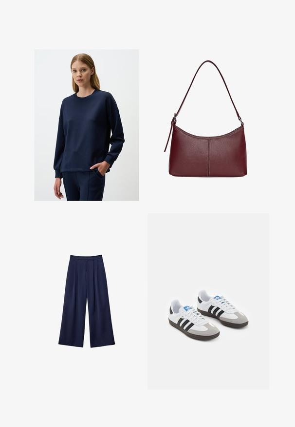 Felpa blu navy realizzata in morbido tessuto, con scollo rotondo, maniche lunghe e una vestibilità comoda con polsini a coste.; Pantaloni a gamba larga blu navy con pieghe, vita con bottoni e passanti per cintura, mostrati distesi su uno sfondo bianco.; Scarpe sportive con tomaia in pelle bianca, punta in suede grigia e tre strisce nere. Presentano un logo blu sulla linguetta e una suola in gomma testurizzata.; Borsa a tracolla in pelle bordeaux con forma curvata, una sola tracolla e dettagli cuciti al centro. Texture liscia, hardware minimale.