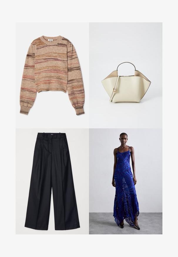 Beež topp, mis on valmistatud kudumistehnikast, sisaldab horisontaalseid triibusid pruunides, roosades ja lillades toonides. Ribaga mansetid ja kaelus.; Mustad laiad püksid, mis on valmistatud sileda kangaga, kõrge vöökoha, voldikute ja vormitud disainiga. Vöökoha juures on lihtne must riistvara.; Sinine ja lilla loomade mustriga maksikleit õhukeste rihmadega, keha lähedane pealisosa, laienev allosa ja poolläbipaistev overlays detail.; Ree Projects ANN - Käekott - beige