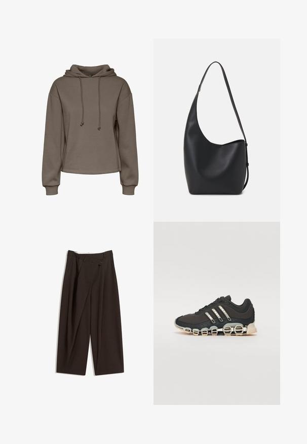 Brązowa bluza z kapturem i trokami, z szerokimi rękawami i skróconym fasonem. Miękka tekstura z prążkowanymi mankietami i prostym dołem.; Ciemnobrązowe szerokie spodnie o wysokim stanie, z pojedynczym zapięciem na guzik i plisowanym przodem. Wykonane z lekkiego materiału.; Czarne sportowe buty z teksturowaną cholewką, trzema srebrnymi paskami i charakterystyczną podeszwą z amortyzacją, składającą się z wielu zintegrowanych sekcji.; Czarna skórzana torba hobo o gładkiej fakturze, zaokrąglonym kształcie i pojedynczym, regulowanym pasku; posiada szerokie otwarcie na górze.