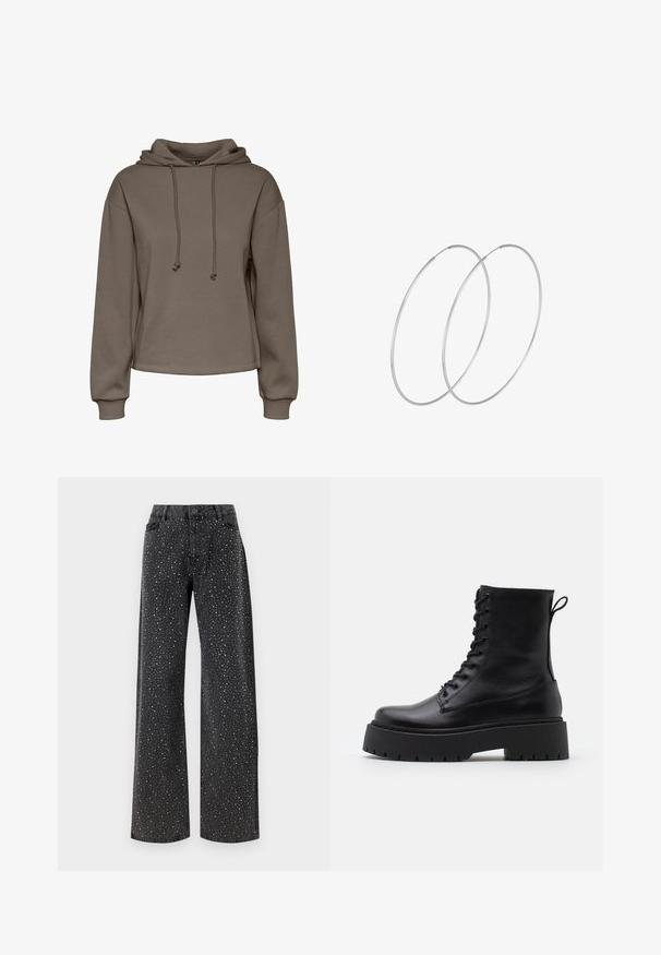 Brun huvtröja med dragsko, vida ärmar och en kortad design. Mjuk textur med ribbat avslut på ärmarna och rak nederkant.; Noisy May NMJANNEL LOOSE - Jeans relaxed fit - black denim; Svarta läderankelboots med rund tå, snörning framtill och en tjock gummisula med strukturerat mönster. Dragflik bak.; Silverfärgade hoopörhängen med en minimalistisk design. Cirkulär form, slät yta och tunn profil. Lätta med en polerad finish.