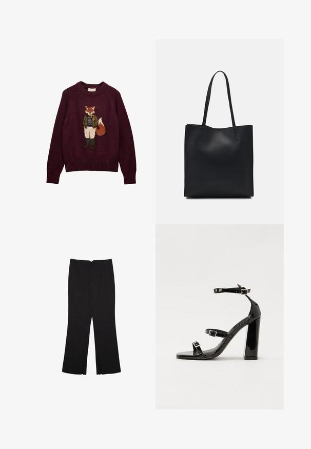 Burgunderfarbener Strickpullover mit einem Fuchs, der eine grüne Jacke, einen blauen Pullover, weiße Hose und grüne Stiefel auf der Vorderseite gestickt hat.; Schwarze Hose mit geradem Schnitt, ausgestattet mit Fronttaschen und Seitenschlitzen am Saum. Hergestellt aus weichem, glattem Stoff. Geeignet für verschiedene Anlässe.; Schwarze patentierte Sandalen mit Absatz, quadratischer Spitze, Knöchelriemen und silbernen Schnallen. Mit einem stabilen Blockabsatz für mehr Stabilität.; Schwarze Laptoptasche aus Leder mit glatter Textur, rechteckiger Form und zwei langen Griffen. Keine sichtbaren Beschläge oder Verzierungen.