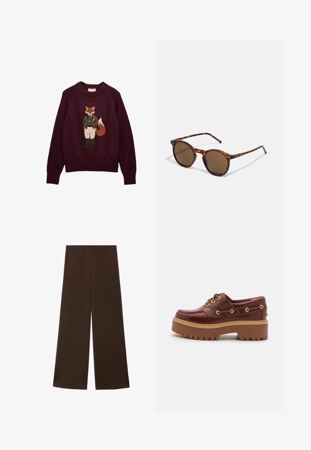 Pulover tricotat de culoare burgundy, cu un vulpe îmbrăcată într-o jachetă verde, un pulover albastru, pantaloni albi și cizme verzi brodate pe față.; Pantaloni largi confecționați dintr-un material neted, de culoare brun închis. Prezintă o talie înaltă și un design minimalist, fără embellishments.; Pantoful de yacht din piele maro, cu o talpă din cauciuc maro masivă, ochiuri de aur și coasere contrastante. Prezintă un logo pe lateral.; Ochelari de soare rotunzi cu ramă din fibră de țestoasă și lentile maro. Prezintă brațe subțiri cu o ușoară textură și accente metalice lângă lentile.