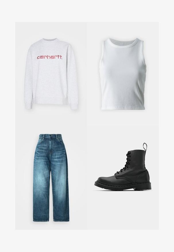 Carhartt WIP Mikina - ash heather/dusty rose; Bílý žebrovaný tílko s kulatým výstřihem a bezramínkovým designem, s rovnými lemy a hladkou, elastickou strukturou.; Džíny s vysokým pasem a širokými nohavicemi ve středně modrém denimu, s vybledlým vzhledem, klasickým designem kapes a předním zapínáním na knoflíky.; Černá kožená bojová bota s kulatou špičkou, šněrováním vpředu a poutkem na zadní straně u kotníku. Vybavena silnou gumovou podrážkou pro maximální trvanlivost.