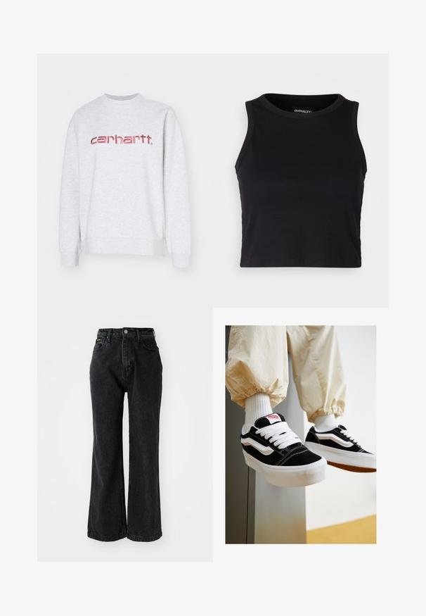 Carhartt WIP Sweatshirt - ash heather/dusty rose; Black ribbed crop tank top with a round neckline and sleeveless design. Made from soft, stretchy fabric, featuring clean hemmed edges.; Black denim jeans with a high waist, wide-leg cut, and stitched detailing. Features five pockets and a button at the waistband.; Black and white suede sneakers with flat white laces, textured rubber soles, and side stripe design. Worn with cream-colored tapered pants.