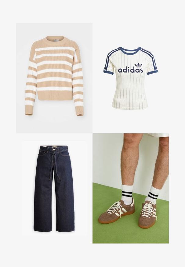 Beige and white striped knit sweater with a ribbed texture, round neck, and cropped sleeves. Soft material, relaxed fit, casual design.; Adidas white striped t-shirt with navy blue accents, featuring a round neck, short raglan sleeves, and bold "adidas" logo on the front.; Wide-leg dark blue denim jeans with a high waist, featuring a drawstring tie, five pockets, and contrasting stitching details.; Brown suede sneakers with white accents and laces. Rubber gum sole. Worn with white socks featuring black stripes. Green textured flooring.