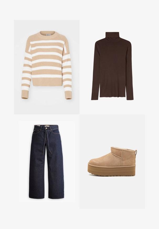 Pull en tricot rayé beige et blanc avec une texture côtelée, col rond et manches courtes. Matière douce, coupe décontractée, design casual.; Haut beige à col roulé avec des manches longues, fabriqué dans un tissu doux. Présente un col ajusté et une coupe décontractée, avec un ourlet droit en bas.; Jeans en denim bleu foncé à jambes larges, avec une taille haute, dotés d'un lien à cordon, de cinq poches et de détails de couture contrastants.; Bottines en suede beige avec un intérieur moelleux, dotées d'une semelle compensée et d'une languette à l'arrière pour un enfilage facile. Semelle extérieure en caoutchouc texturé.