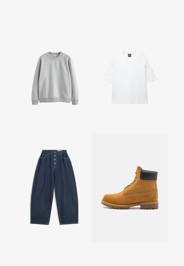 Grijze sweatshirt met een ronde halslijn, ribgebreide manchetten en zoom. Gemaakt van zachte stof met een gladde textuur, met een eenvoudig ontwerp.; Witte t-shirt met korte mouwen van katoen, met een ronde hals en een relaxte fit met rechte zoom. Geen patronen of versieringen.; Donkerblauwe denim brede broek met een hoge taille, vijfknopen sluiting en vijf zakken. Heeft stiksels op de naden.; Tan suède enkelboot met zwart gevoerd kraagje, gouden metalen oogjes, witte stikdetails en een robuuste rubberen zool met uitgesproken profiel.