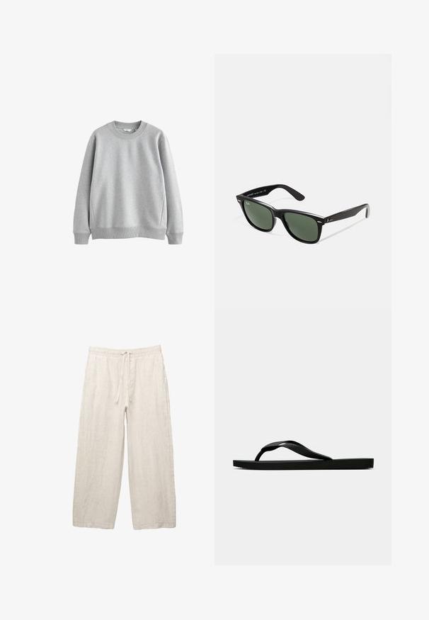 Felpa grigia con scollatura rotonda, polsini e orlo a costine. Realizzata in un tessuto morbido con una texture liscia, presenta un design semplice.; Pantaloni in lino di colore beige chiaro, con una vita elastica e cordoncino, design a gamba larga e tasche laterali. Texture liscia.; Infradito in gomma nera con cinturino testurizzato e suola piatta semplice, mostrati di lato su uno sfondo chiaro e uniforme.; Occhiali da sole in plastica nera con lenti verdi, montatura quadrata, dettaglio argento sulla parte superiore e steli con texture. Marchio indicato sulla parte interna dello stelo.