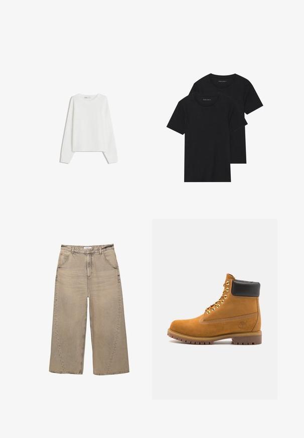 Bershka - Sweter; Dwie czarne bawełniane koszulki z krótkimi rękawami, okrągłymi dekoltami i gładką fakturą, wyeksponowane ułożone jedna na drugiej.; PULL&BEAR - Jeansy baggy; Beżowe zamszowe botki sięgające kostki z czarną wyściełaną krawędzią, złotymi oczkami, białymi detalami szycia oraz wytrzymałą gumową podeszwą z wyraźnym bieżnikiem.
