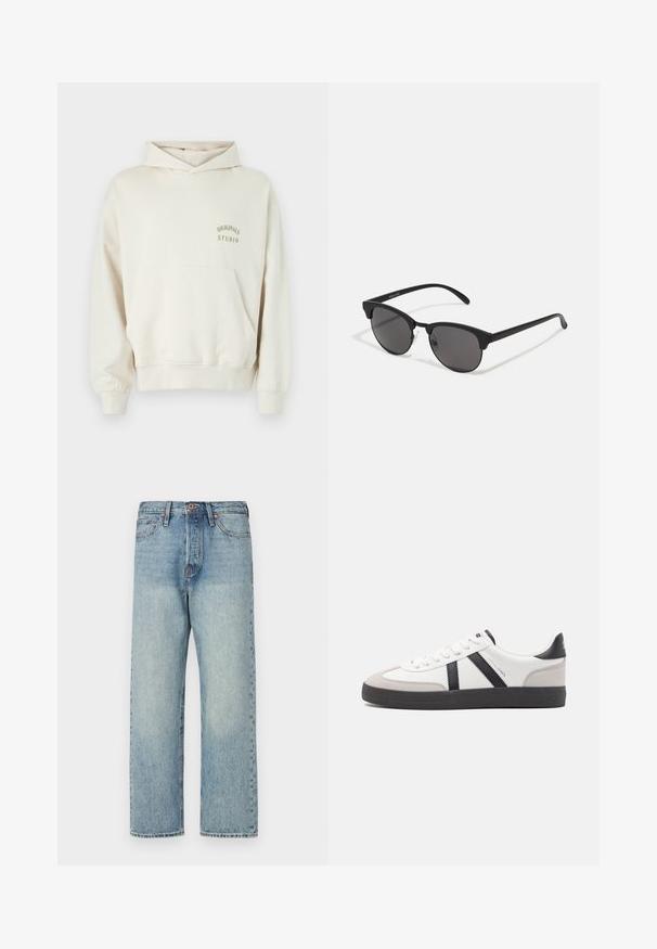 Kremowa hoodie z kieszenią z przodu, ściągaczami przy mankietach i u dołu. Posiada nadruk "ORIGINALS STUDIO" w złotym kolorze na lewej piersi.; Jasnoniebieskie dżinsy z prostymi nogawkami, pięcioma kieszeniami i brązowym okuciem. Minimalne wyblaknięcie z czystym wykończeniem.; Białe sneakersy z czarnymi i szarymi akcentami, z teksturowanym szarym czubkiem, czarną gumową podeszwą i płaskimi białymi sznurowadłami. Czysty design, minimalistyczny styl.; Czarne okulary przeciwsłoneczne z okrągłymi soczewkami, matowym wykończeniem i charakterystycznym kształtem kota. Smukłe ramiona z subtelnym logo na lewym skroniu.
