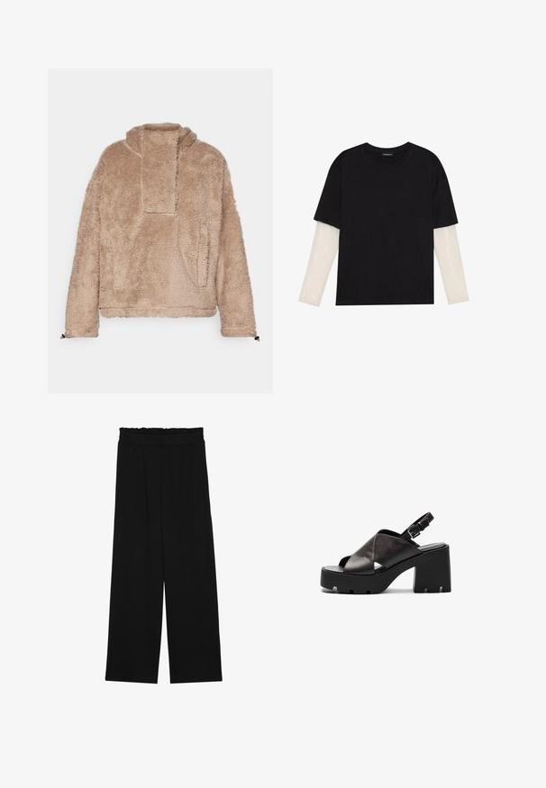 Φωτεινό μπεζ πουλόβερ με ψηλό γιακά, που διαθέτει σχέδιο με χαμηλούς ώμους και πλαϊνές τσέπες. Υφασμάτινη επιφάνεια με μαλακή, βελούδινη όψη.; Μαύρο μπλουζάκι από βαμβάκι, με κοντά μανίκια πάνω από ένα λευκό μπλουζάκι με μακριά μανίκια και διακριτό υφασμάτινο σχέδιο. Σχέδιο με στρογγυλή λαιμόκοψη.; Μαύρο παντελόνι με φαρδιά πόδια και ριχτό μέσο, που διαθέτει δύο πλαϊνές τσέπες και ύφασμα απαλό και ελαφρύ. Χωρίς ορατά μοτίβα ή μεταλλικά εξαρτήματα.; Μαύρες δερμάτινες γόβες με ψηλό τακούνι και φαρδύ πέλμα, σχέδιο με σταυρωτές λωρίδες, ρυθμιζόμενη αγκράφα και υφασμένο πέλμα.