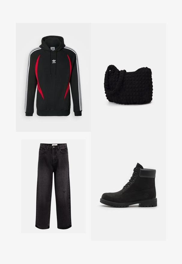 Felpa nera con accenti rossi, strisce bianche sulle maniche e cordino regolabile. Presenta un logo centrale e un tessuto morbido e testurizzato.; Jeans in denim nero con un taglio a gamba larga, caratterizzati da cinque tasche, una vita cucita e un discreto dettaglio con logo vicino al ginocchio.; Stivale alla caviglia nero con lacci, colletto imbottito e suola robusta, mostrato in profilo su uno sfondo bianco.; Borsa in tessuto nero con un motivo trapuntato e texture. Forma arrotondata, manici corti e spessi, e una struttura morbida e flessibile.