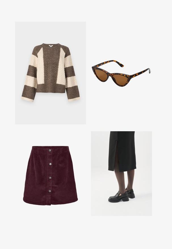 Maglione marrone e crema lavorato a maglia con motivo a trecce sulle maniche, design cropped e orlo largo a costine. Collo rotondo, vestibilità ampia.; Gonna mini in corduroy bordeaux a forma di a, con cinque bottoni argentati lungo la parte anteriore e una sottile texture a righe.; Scarpe in pelle nera con punta arrotondata, tacco spesso a blocco e accenti laterali in elastico, abbinate a collant scuri e una gonna nera con uno spacco.; Occhiali da sole cat-eye con una montatura tartarugata nera e arancione, lenti marroni e punte affusolate e eleganti. Presentano un logo minimale sulla asta.