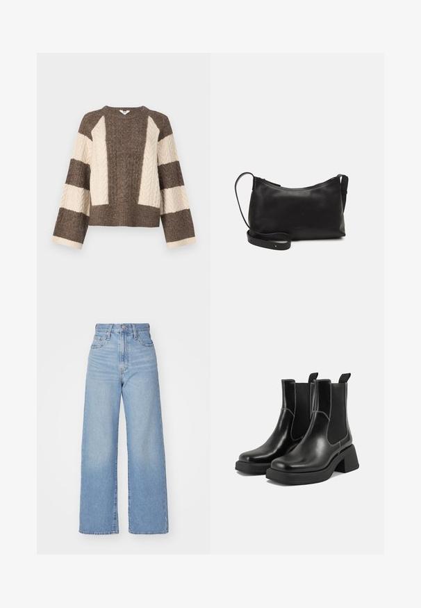 Brown and cream knitted sweater with cable knit pattern on sleeves, cropped design, and wide ribbed hem. Round neck, loose fit.; Light blue high-waist wide-leg jeans with front button and zip closure, front and back pockets, on a white background.; Black leather Chelsea boots with a chunky heel, elastic side panels, and contrasting white stitching. Textured finish.; Black leather shoulder bag with a smooth texture, curved shape, adjustable strap, and a zip closure. Minimalist design without embellishments.