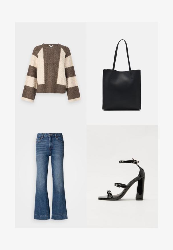 Brown and cream knitted sweater with cable knit pattern on sleeves, cropped design, and wide ribbed hem. Round neck, loose fit.; Flared denim jeans in dark blue. Features five pockets, belt loops, and orange stitching. Smooth texture with a classic fit design.; Black patent heeled sandals with a square toe, ankle straps, and silver buckles. Features a chunky block heel for stability.; Black leather tote bag with smooth texture, rectangular shape, and two long handles. No visible hardware or embellishments.
