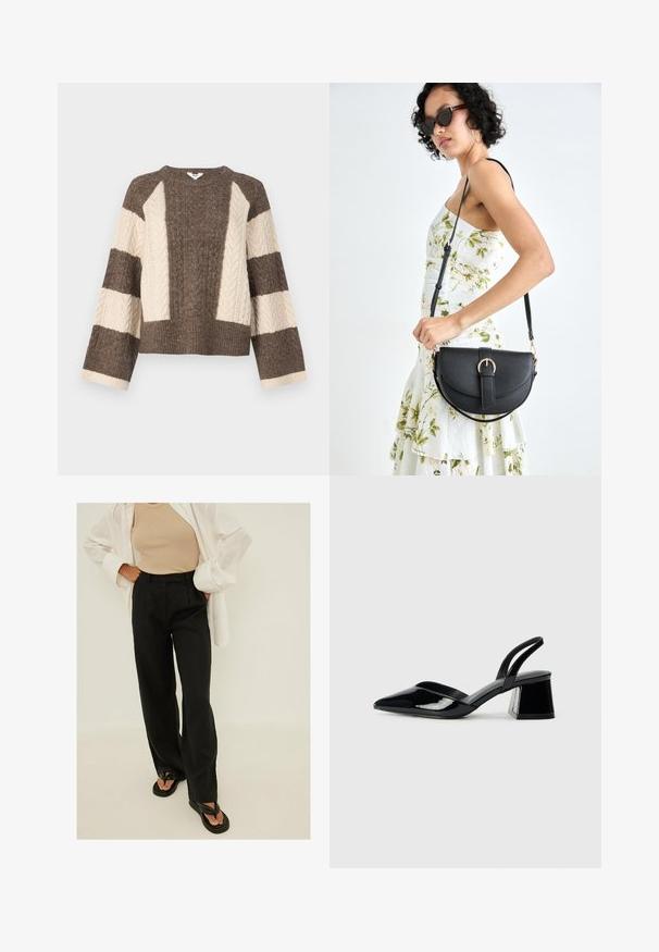 Brun och krämfärgad stickad tröja med kabelstickat mönster på ärmarna, kort design och bred ribbad fåll. Rund hals, lös passform.; Svarta högmidjade vida byxor, tillverkade av lättviktsmaterial, med framfåll och mjuk yta. Kombinerade med enkla svarta flip-flops.; Svarta lackläder slingback klackar med spetsig tå och geometrisk klack. Har en elegant, minimalistisk design och slät yta.; Svart läderhandväska med en böjd form, avtagbar rem och guldiga detaljer. Väskan har ett lock med en spänndetalj.