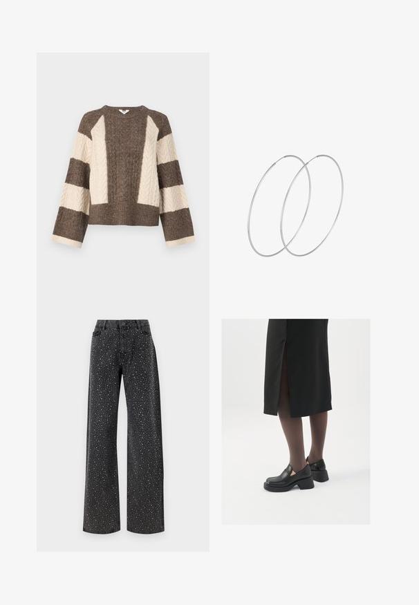 Brown and cream knitted sweater with cable knit pattern on sleeves, cropped design, and wide ribbed hem. Round neck, loose fit.; Noisy May NMJANNEL LOOSE - Relaxed fit jeans - black denim; Black leather shoes with a rounded toe, thick block heel, and elastic side accents, paired with dark tights and a black skirt with a slit.; Silver hoop earrings with a minimalist design. Circular shape, smooth texture, and thin profile. Lightweight with a polished finish.