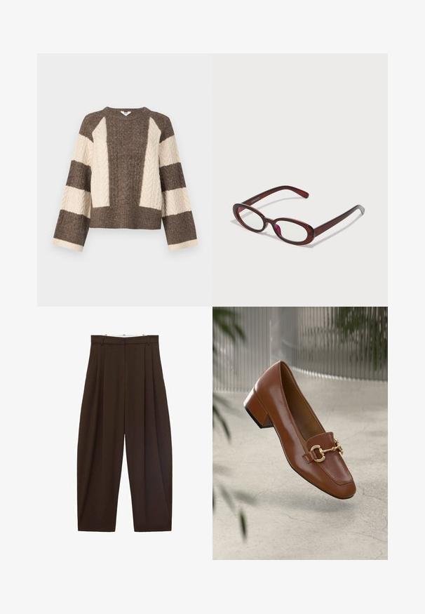 Suéter de punto marrón y crema con patrón de trenzas en las mangas, diseño corto y dobladillo ancho de canalé. Cuello redondo, corte holgado.; Pantalones de talle alto marrones con pliegues, hechos de tela suave. Corte holgado, diseño de pierna recta, con lazos para cinturón y cremallera.; Mocasines de charol marrón con punta cuadrada, acento de cadena metálica y tacón bajo; textura suave, diseño minimalista.; Gafas de sol rojas en forma ovalada con lentes transparentes y elegantes montura marrón. El diseño presenta curvas sutiles y un hardware mínimo.