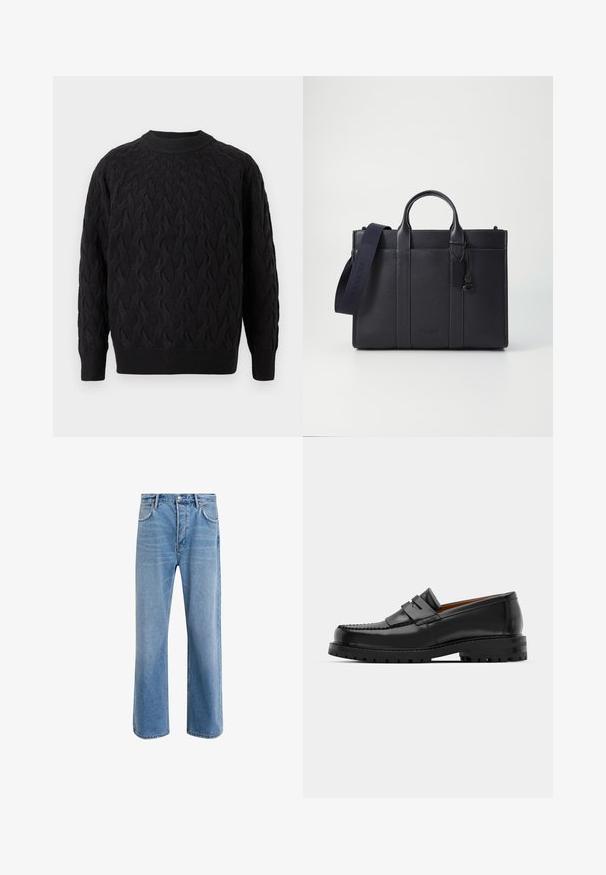 Black cable-knit sweater with a crew neckline, featuring a textured pattern and ribbed cuffs and hem for added detail.; Light blue denim jeans with a straight-leg design, five pockets, button closure, minimal fading, and contrasting stitching details.; Black leather loafers feature a raised seam, two decorative straps on the upper, and a thick textured sole for added grip.; Dark navy leather briefcase with dual top handles and a detachable strap. Features textured finish, vertical stitching, and logo detail.