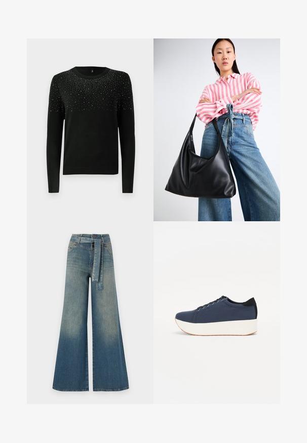 Schwarzer Pullover mit langen Ärmeln, Rundhalsausschnitt und einem Verlauf aus silbernen Verzierungen am oberen Teil. Gerippter Saum und Bündchen. Weiche Textur.; Weit geschnittene Denim-Hosen mit einem Farbverlauf von hellblau zu dunkelblau, hoher Taille, Gürtelschlaufen und einem passenden Stoffgürtel. Strukturierte Denim-Oberfläche.; Dunkelblaue Sneaker mit einem strukturierten Obermaterial, weißer Plattformsohle, runder Zehenpartie und schwarzem Fersenakzent. Verfügt über sechs Ösen für die Schnürsenkel.; Schwarze Leder-Umhängetasche mit einer lässigen Form und Nahtdetails. Das Modell trägt ein pink-weiß gestreiftes Hemd zu weit geschnittenen blauen Jeans.