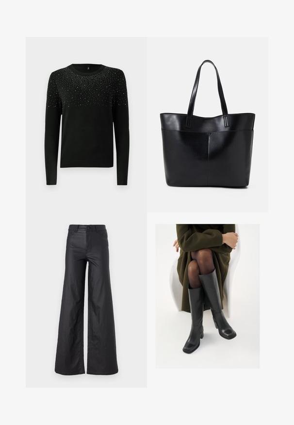 Schwarzer Pullover mit langen Ärmeln, Rundhalsausschnitt und einem Verlauf aus silbernen Verzierungen am oberen Teil. Gerippter Saum und Bündchen. Weiche Textur.; Schwarze, weit geschnittene Hose aus einem Kunstledermaterial. Mit hoher Taille, Gürtelschlaufen, zwei Fronttaschen und genähten Details.; Knöchelhöhe schwarze Lederstiefel mit quadrater Spitze und Blockabsatz, gezeigt mit einem Modell, das einen olivgrünen Mantel trägt. Glatte Textur, minimale Details.; Schwarze Leder-Shopper-Tasche mit zwei langen Griffen, einer glatten Textur und einer strukturierten Form. Verfügt über eine Vordertasche für zusätzlichen Stauraum.