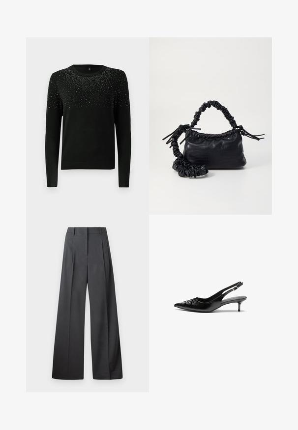 Črni pulover z dolgimi rokavi, okroglim izrezom in prelivom srebrnih okrasnih detajlov na vrhu. Rebrast rob in manšete. Mehka tekstura.; Široke hlače iz temno sive tkanine, z visokim pasom, enim pregibom ter gladko teksturo z čisto obrobo na robovih.; Črne usnjene slingback pete z izostrenim nosom, majhno mačje peto in okrasno vozličasto podrobnostjo na sprednjem delu. Gladka tekstura po celotni površini.; Črna torbica iz umetnega usnja s krokodilovo teksturo, z zvitim vrhom in zmečkano naramico. Zdi se mehka in kompaktna v oblikovanju.