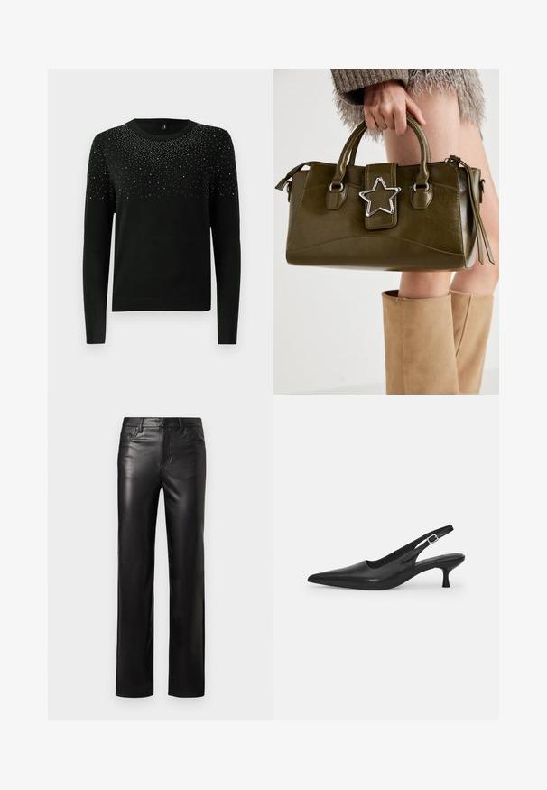 Mustat neulepaita pitkillä hihoilla, pyöreällä kaula-aukolla ja hopeanväristen koristeiden gradientilla ylhäällä. Värivahvistettu helma ja hihansuut. Pehmeä rakenne.; Mustat nahkahousut suoran leikkuun kanssa, joissa on nappisuljenta ja etutaskut. Liukas pinta, jossa on hienovaraisia ompeluyksityiskohtia.; Mustan nahkainen slingback-kengät, joissa on terävä nenä ja kapea, kaareva korko. Varustettu huomaamattomalla säädettävällä hihnalla, jossa on metallinen solki.; Vihreä oliivinvärinen mokkanahkainen käsilaukku, jossa on hopeinen tähti koristeena, kaksinkertaiset kahvat ja vetoketjusulku. Teksturoitu pinta ja rakenteellinen muoto.