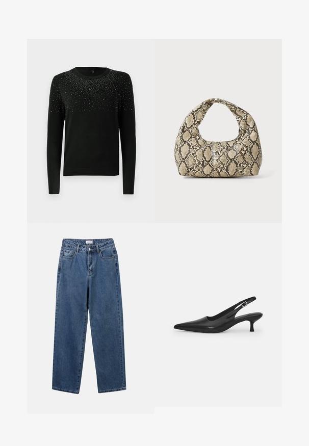 Mustat neulepaita pitkillä hihoilla, pyöreällä kaula-aukolla ja hopeanväristen koristeiden gradientilla ylhäällä. Värivahvistettu helma ja hihansuut. Pehmeä rakenne.; Classiset siniset farkut suoran lahkeen muotoilulla, viidellä taskulla ja napillakaan. Ominaisuudet: keskivahva pesu ja kestävä rakenne.; Mustan nahkainen slingback-kengät, joissa on terävä nenä ja kapea, kaareva korko. Varustettu huomaamattomalla säädettävällä hihnalla, jossa on metallinen solki.; Käärmeennahkakuosiset käsilaukku, jossa on kaareva kahva. Tehty teksturoiduista beigeistä ja ruskeista materiaaleista, joissa on erottuva timanttikuvio.
