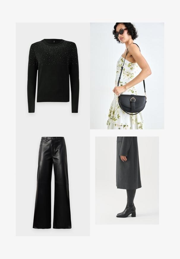 Maglione nero con maniche lunghe, scollo rotondo e un gradiente di decorazioni argentate nella parte superiore. Orlo e polsini a coste. Texture morbida.; Pantaloni ampi a vita alta in ecopelle neri con bottone frontale, chiusura con zip, passanti per cintura e tasche laterali su sfondo bianco.; Cappotto grigio su misura con taglio dritto; abbinato a stivali in pelle nera al ginocchio con punta quadrata e tacco grosso.; Borsa a tracolla nera in pelle con una forma curva, manico rimovibile e accessori dorati. La borsa presenta una patta con un dettaglio a fibbia.