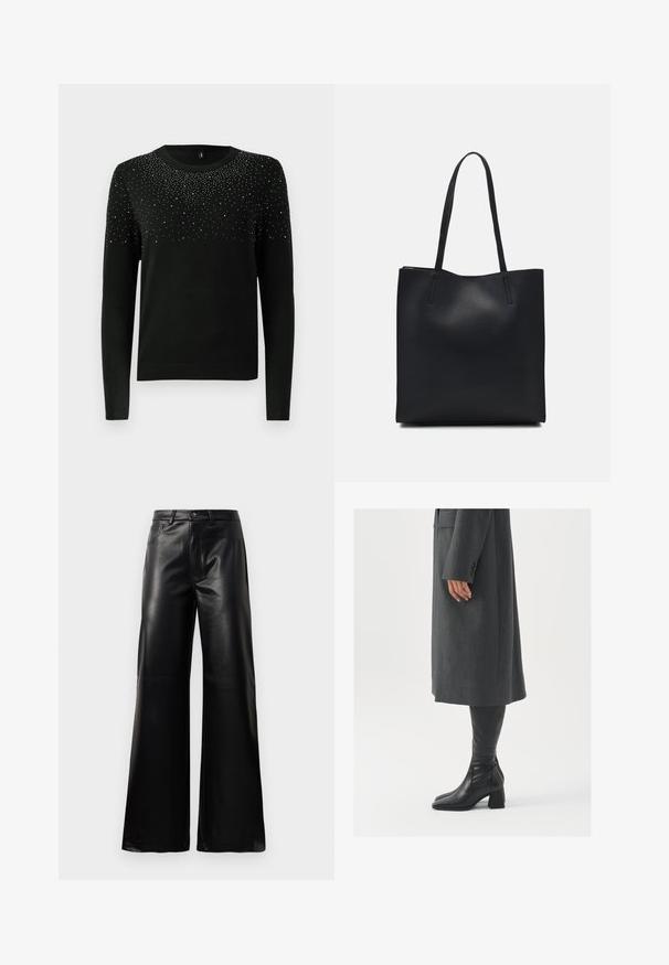 Mustat neulepaita pitkillä hihoilla, pyöreällä kaula-aukolla ja hopeanväristen koristeiden gradientilla ylhäällä. Värivahvistettu helma ja hihansuut. Pehmeä rakenne.; Mustat korkeat leveät keinonahkahousut, joissa on etupainike, vetoketjukiinnitys, vyölenkit ja sivutaskut valkoista taustaa vasten.; Harmaa, muotoiltu pitkätakki suoran leikkauksen kanssa; yhdistetty polven yli yltäviin mustiin nahkasaappaisiin, joissa on neliön muotoinen kärki ja paksu kanta.; Mustapahkainen kangaskassi, jossa on sileä pinta, suorakaiteen muotoinen ja kaksi pitkää kahvaa. Ei näkyvää metalliosaa tai koristeita.