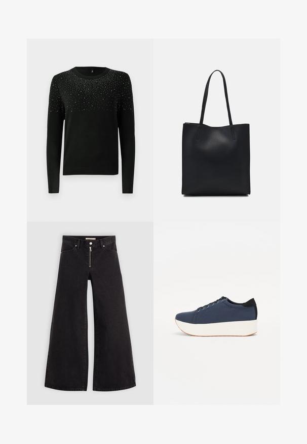 Svart tröja med långa ärmar, rund halsringning och en gradient av silverdekorationer upptill. Ribbad nederkant och manschetter. Mjuk textur.; Breda jeans i svart denim med dragkedja fram, femfickorsdesign och subtila sömdetaljer. Slät textur och avslappnad stil.; Marinblå sneaker med en strukturerad tygöverdela, vit plattformssula, rund tå och svart hälsaccent. Har sex hål för snörning.; Svart lädertoffelväska med slät textur, rektangulär form och två långa handtag. Ingen synlig hårdvara eller dekorationer.
