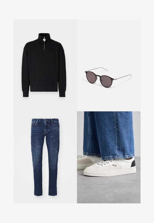 Felpa nera con colletto alto e chiusura a mezza zip. Tessuto morbido, vestibilità comoda e polsini a coste. Nessun motivo o accentuazione aggiuntiva.; Jeans in denim blu scuro con vestibilità slim, caratterizzati da schizzi di vernice, cuciture visibili e design classico a cinque tasche. Taglio dritto.; Sneaker bianche e nere con parte superiore in pelle liscia, dettagli testurizzati e suola bianca spessa. Presentano un classico design con lacci.; Occhiali da sole neri rotondi con lenti scure e sottili bracci in metallo. Include punte trasparenti e accenti argentati alla cerniera. Design minimalista.