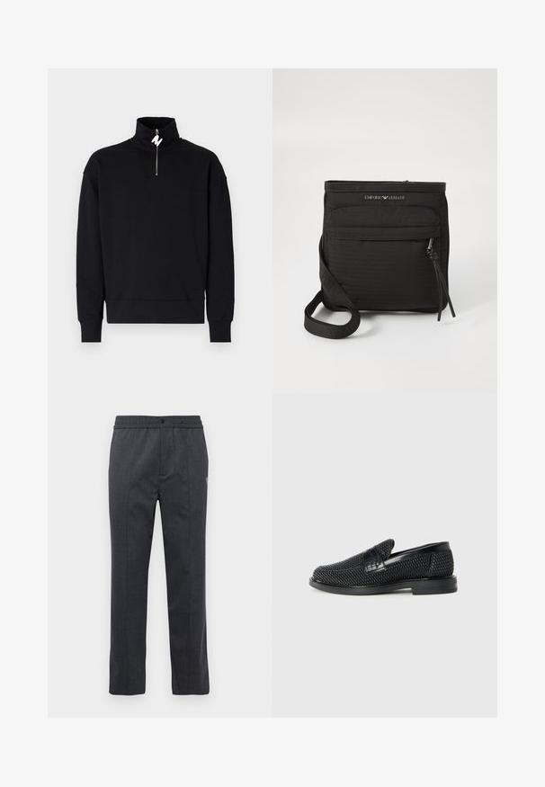 Svart hettegenser med høy krage og halv-glidelås. Mykt stoff, avslappet passform og ribbestrikkede mansjetter. Ingen mønstre eller ekstra aksenter.; Mørkegrå rette bukser med elastisk liv, frontknappelukking og subtil broderidetalj på høyre side.; Sorte vevde slip-on sko med en glatt lærdetalj på overdelen, design med rund tå og en lavprofil gummisåle.; Svart Emporio Armani crossover-veske med frontlomme med glidelås, justerbar stropp og logo-detalj på teksturert stoff.