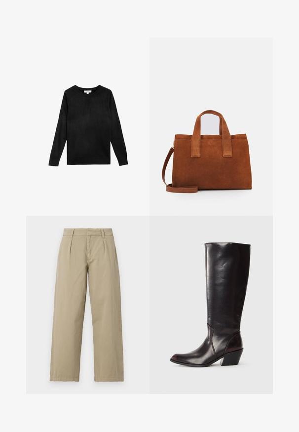 Czarny dziany sweter z okrągłym dekoltem, długimi rękawami oraz ściągaczami na mankietach i dole. Miękka tekstura i prosty design bez wzorów.; Beżowe, szerokie spodnie wykonane z bawełny, z średnim stanem, fałdami z przodu i prostymi nogawkami. Gładka struktura, bez wzorów.; Kozak skórzany, sięgający do kolan, w ciemno-brązowym kolorze, z szpiczastym noskiem, kanciastym obcasem i gładką, błyszczącą teksturą. Posiada czysty design i detale szycia.; Brązowa torebka z zamszu z dwoma górnymi uchwytami i regulowanym paskiem na ramię. Charakteryzuje się zdefiniowaną formą i minimalistycznym stylem.