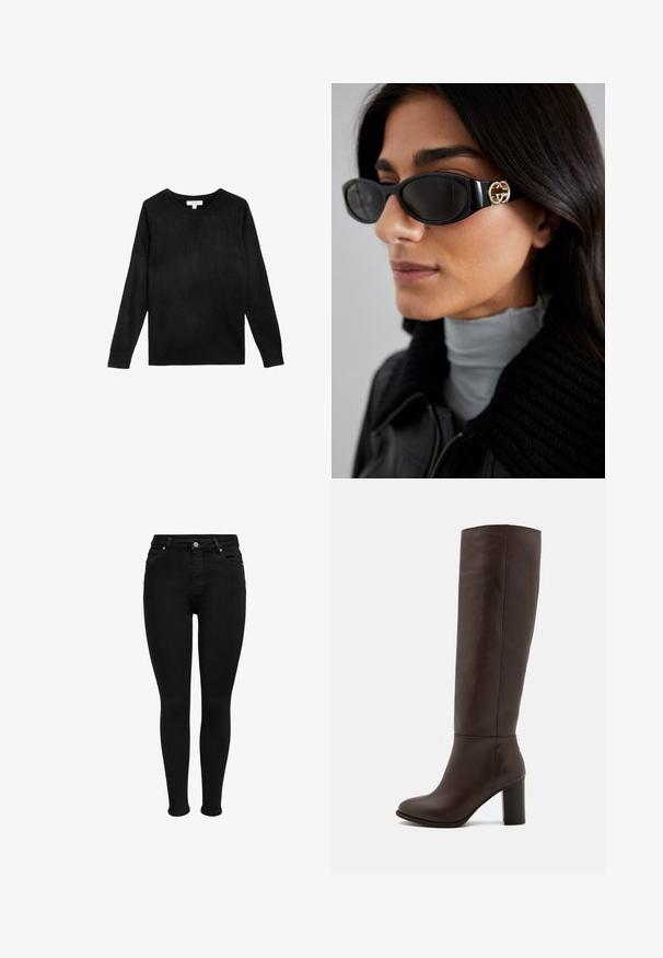 Svart stickad tröja med rund halsringning, långa ärmar och ribbade ärmslut och nederkant. Mjuk textur och enkel design utan mönster.; Svarta högmidjade skinny jeans med knapp framtill, bältesloopar och femfickdesign, visade mot en vit bakgrund.; Brun läder knähög stövel med klack, slät textur, rund tå och minimala sömnadsdetaljer.; Svarta solglasögon med en elegant rektangulär ram och en guldfärgad logotypaccent på sidan. Mörka linser och en blank yta är framträdande.